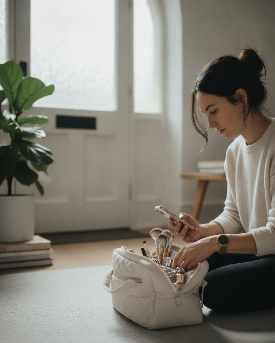 A mobile beauty professional packing her kit before a home appointment